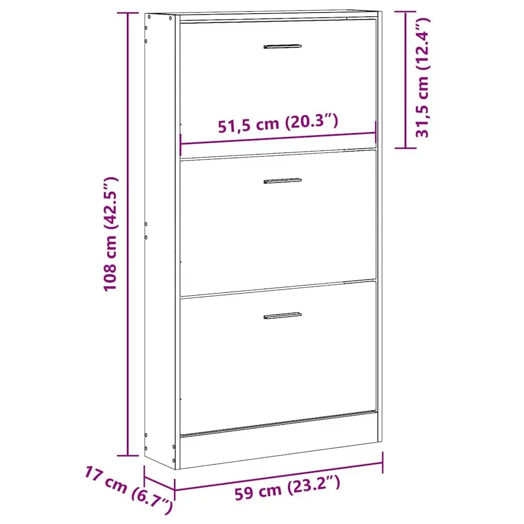 Shoe Cabinet White 59x17x108 cm Storage Organiser with 3 Drawers Hallway