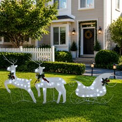 Outdoor Christmas Reindeer Sleigh Decoration 60 LED Lights Garden Display White
