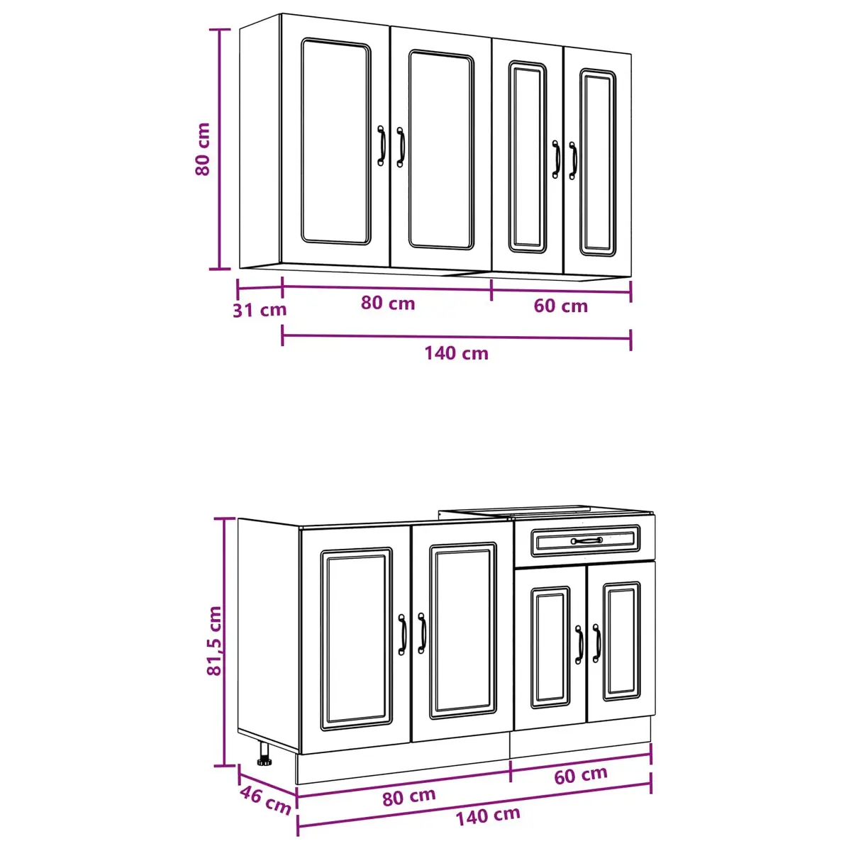 Kitchen Cabinet Unit 4 Piece White Storage Engineered Wood Adjustable Feet