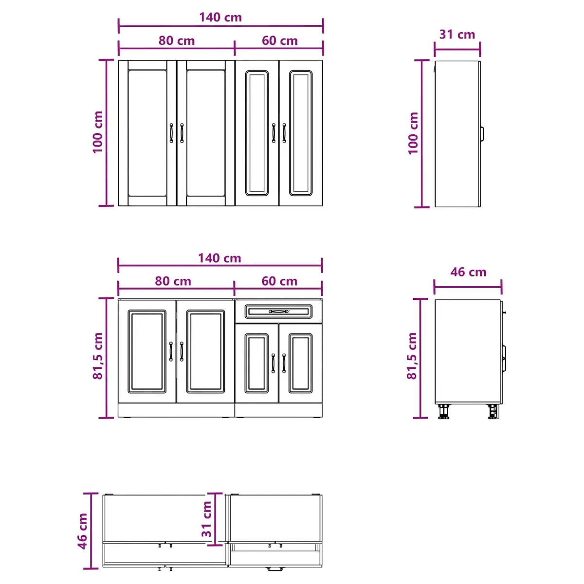 Kitchen Cabinet Unit 4 Piece White Engineered Wood Storage Adjustable Feet