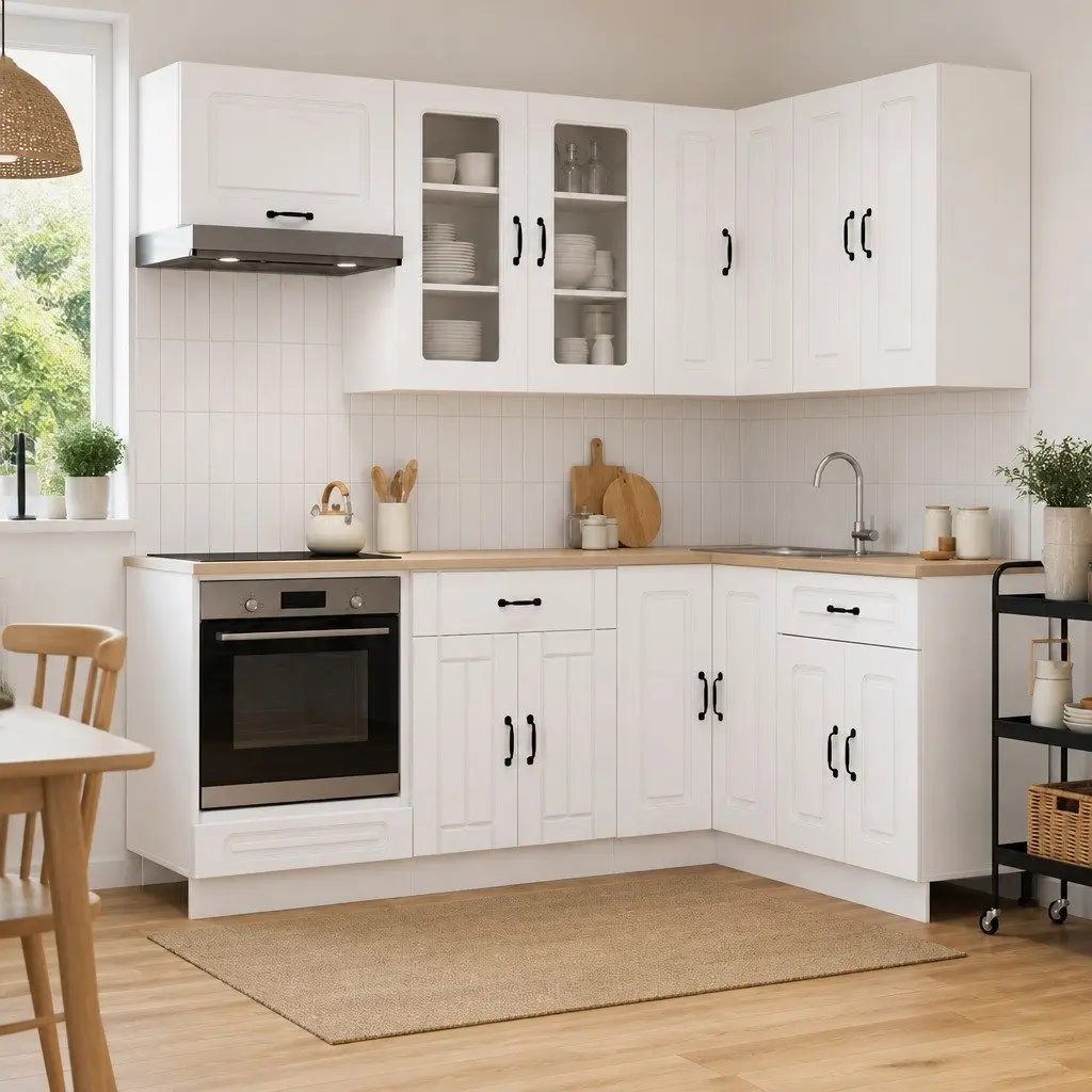 Kitchen Unit 8 Piece White Engineered Wood Storage Cabinet Modern Design