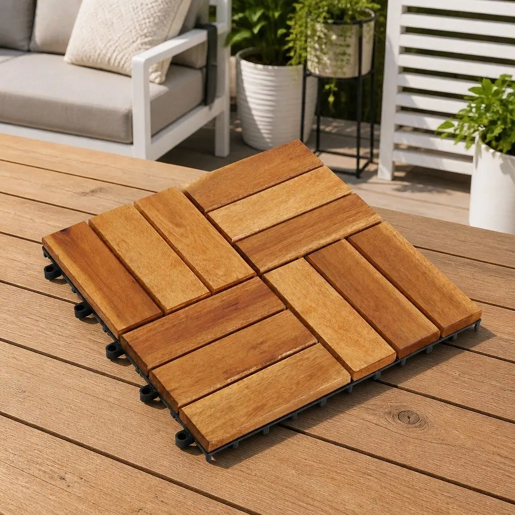 Acacia Hardwood Decking Tiles Interlocking 30x30cm Brown Square Outdoor Patio
