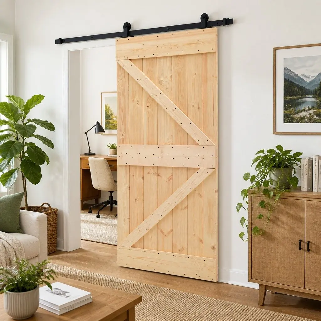 Sliding Door Solid Pine Wood Natural Brown Black 90 x 210 cm Modern Room Divider