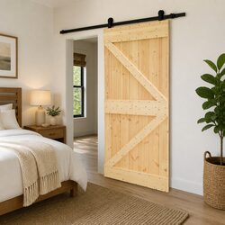 Sliding Door Solid Pine Wood Natural Brown Modern Interior Space-Saving 90x210cm