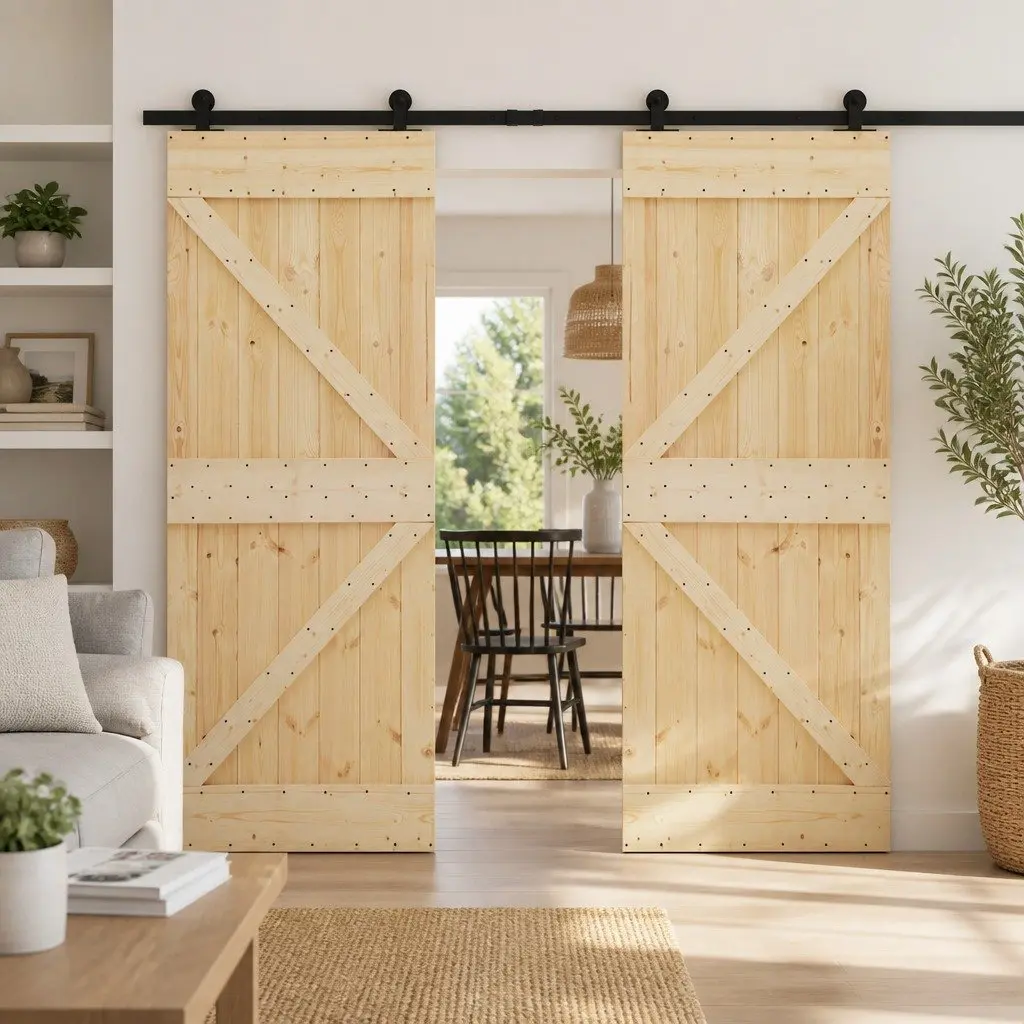 Sliding Door Solid Pine Wood Space-Saving Modern Interior Room Divider Natural Wood and Black 2 Pcs