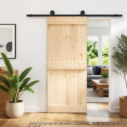 Sliding Door 85 x 210 cm Modern Room Divider Natural Pine Wood Black Track