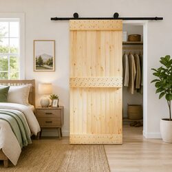 Sliding Door 90 x 210 cm Pine Wood Natural Black Modern Space-Saving Interior