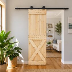 Sliding Door Natural Brown Solid Pine Wood Modern Interior Space Saving 70x210cm