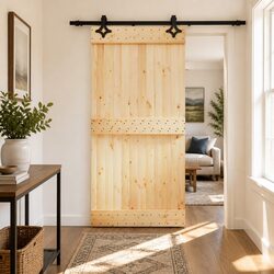 Sliding Door 100x210cm Natural Pine Wood Black Frame Modern Room Divider
