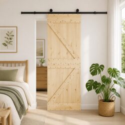 Sliding Door with Natural Wood Frame and Black Steel Track Space-Saving Modern