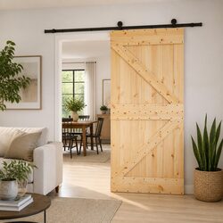 Sliding Door Modern Interior Brown Natural Pine Wood Powder-Coated Steel Track