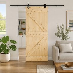 Sliding Door Modern Design Natural Pine Wood Black Track 85 x 210 cm Room