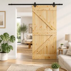 Sliding Door Natural Pine Wood Black Track 100x210cm Modern Room Divider Space