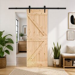 Sliding Door Natural Pine Wood Black Track Modern Room Divider 70 x 210 cm