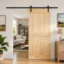 Sliding Door Natural Pine Wood Black Steel Track Modern Space-Saving 90x210cm