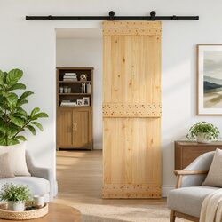 Sliding Door Natural Pine Wood Black Track 70x210cm Modern Room Divider Space