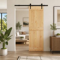 Sliding Door Natural Pine Wood Black Steel Track Modern Space-Saving Room