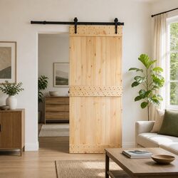 Sliding Door Natural Pine Wood Black Track 85 x 210 cm Modern Room Divider