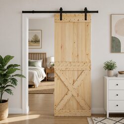 Sliding Door Natural Pine Wood Black Steel Track Modern Space Saving 80x210cm
