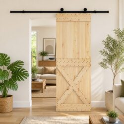 Sliding Door Natural Wood Black Track Modern Space-Saving Room Divider 80x210cm