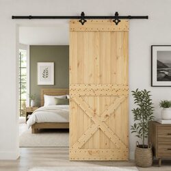 Sliding Door Modern Room Divider 95 x 210 cm Natural Pine Wood Black Track
