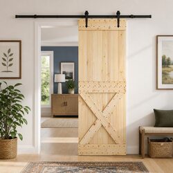 Sliding Door Modern Design Natural Pine Wood Black Track 80x210cm Space-Saving