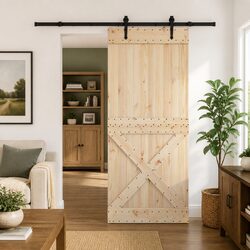Sliding Door Pine Wood Frame Black Track Modern Room Divider Space-Saving