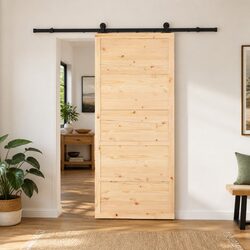 Sliding Door Natural Solid Pine Wood 100 x 208 cm Powder-Coated Steel Track