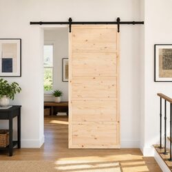 Sliding Door 90 x 208 cm Natural Solid Pine Wood Top Track Black Steel Frame