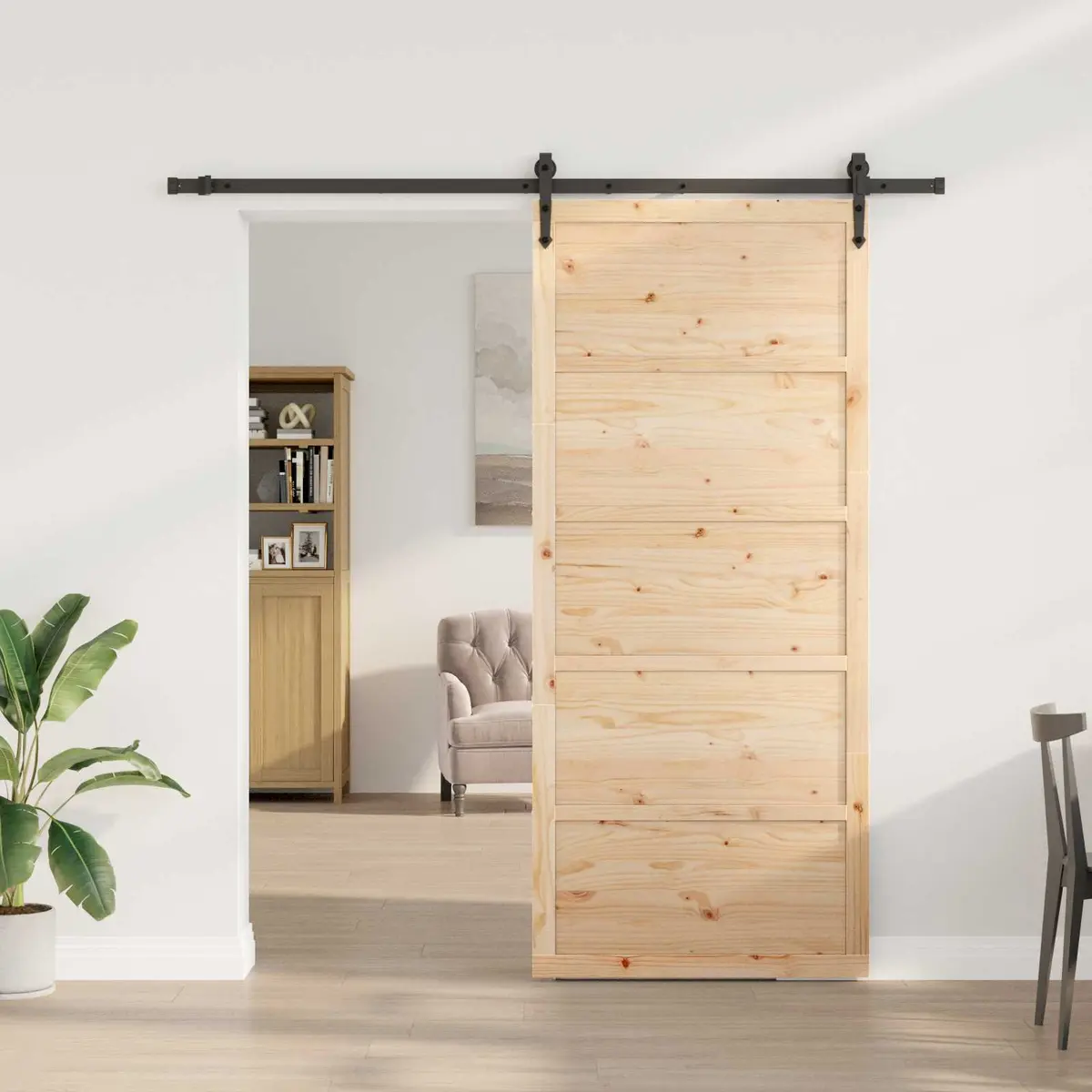 Sliding Door Solid Pine Wood Natural Brown 100 x 208 cm Modern Interior Room