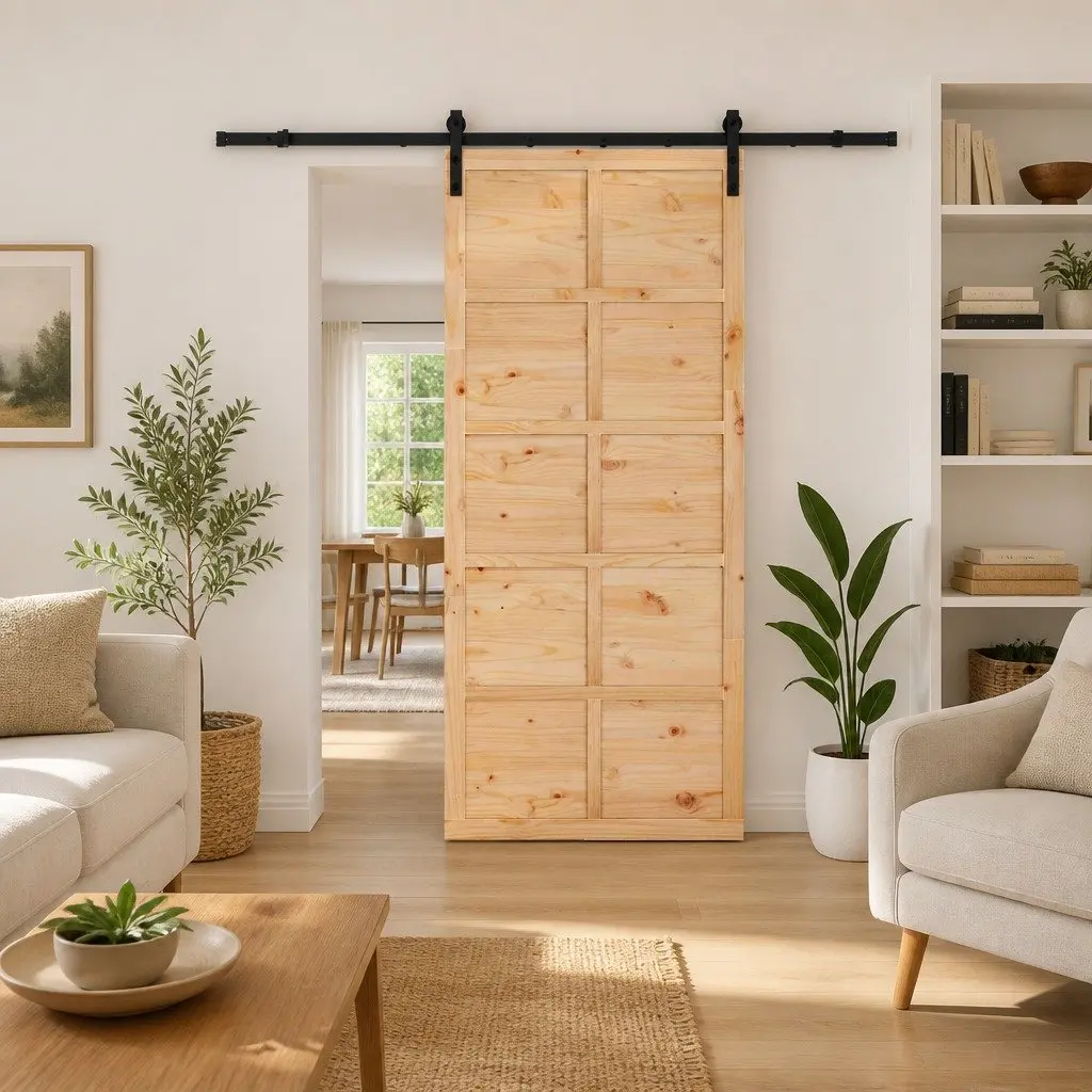 Sliding Door Natural Solid Pine Wood Brown 90 x 208 cm Space-Saving Room Divider