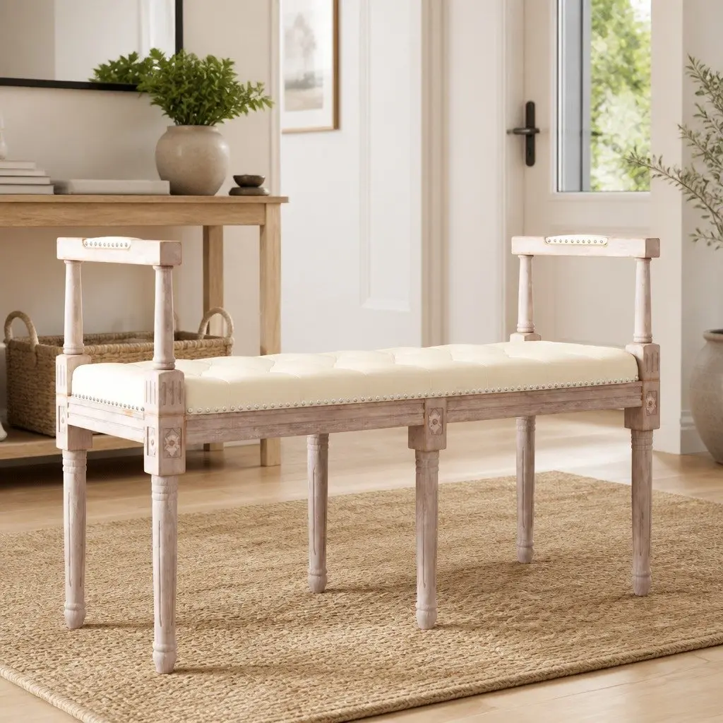 Linen Bench Tufted Upholstered 110x40x70 cm Beige Wood Legs