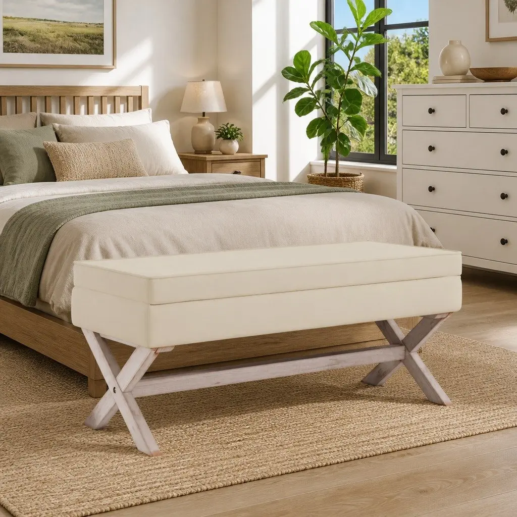 Storage Stool Bench Linen Seat 110x45x49cm Beige