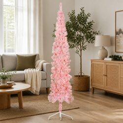 Slim Artificial Half Christmas Tree with Stand Pink 210cm Holiday Decoration