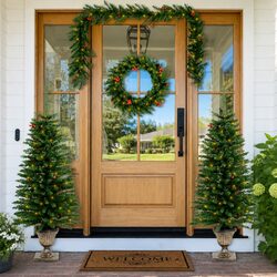 Artificial Christmas Tree Set 2 Pieces with Wreath Garland LED Lights Holiday
