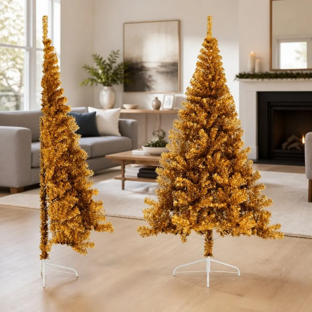 Half Christmas Tree Artificial Bushy 210cm Gold Wall Mount Decoration