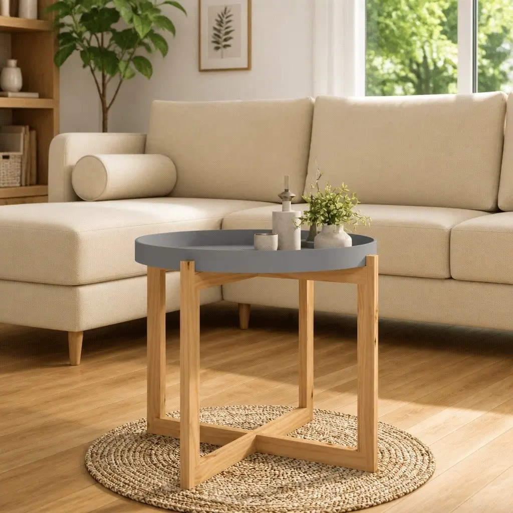 Coffee Table Grey Engineered Wood 53x53x43.5cm Solid Pinewood Feet