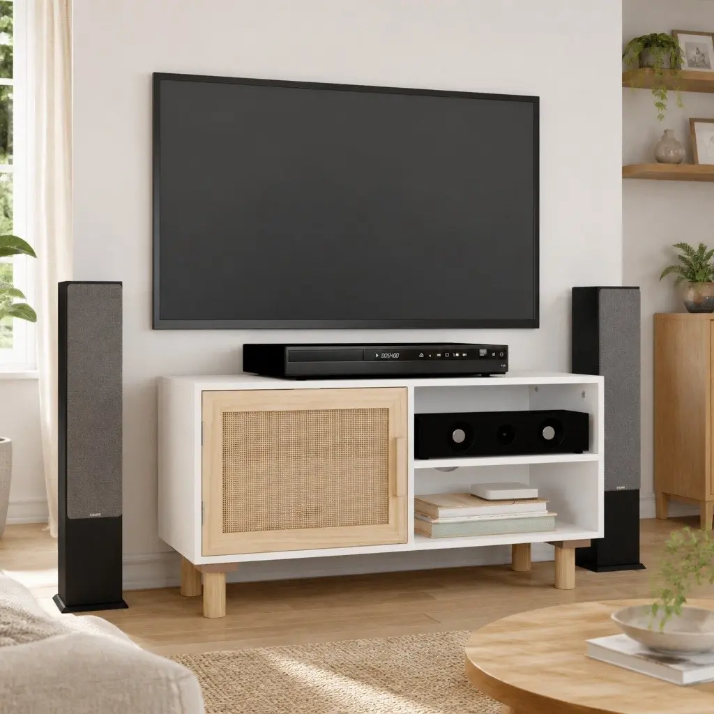 TV Cabinet White Storage Unit 3 Compartment Rattan Door