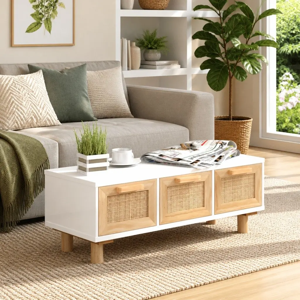 Coffee Table White 80x40x30cm 3 Drawers Rattan Weaving Storage