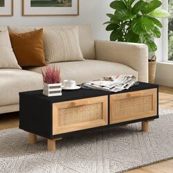 Coffee Table Black Storage Drawers Rattan Weaving Side Table Home Furniture