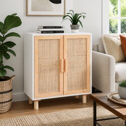 Sideboard White 60x30x70 cm Storage Cabinet with Rattan Door Design Furniture