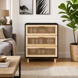 Sideboard Storage Cabinet with 3 Drawers Rattan Design Black 60x30x70cm