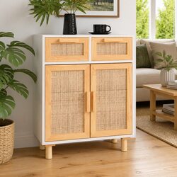 Sideboard Cabinet White Storage Cupboard 2 Drawers Rattan Door Natural Wood Feet