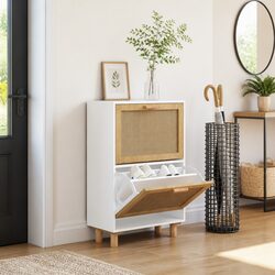 Shoe Cabinet White Scandinavian Design Storage Organiser 2 Drawer Rattan