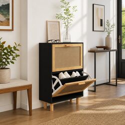 Shoe Cabinet Scandinavian Design Black Engineered Wood Rattan Drawers Storage