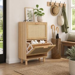 Shoe Cabinet Brown Scandinavian Design Storage Organiser 2 Drawers Rattan