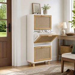 Shoe Cabinet White Scandinavian Design 3 Drawers Rattan Weaving Storage