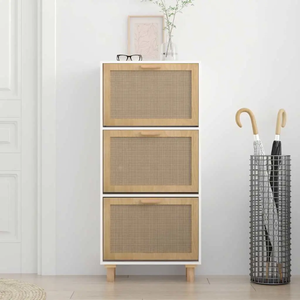 Shoe Cabinet White Scandinavian Design 3 Drawers Rattan Weaving Storage