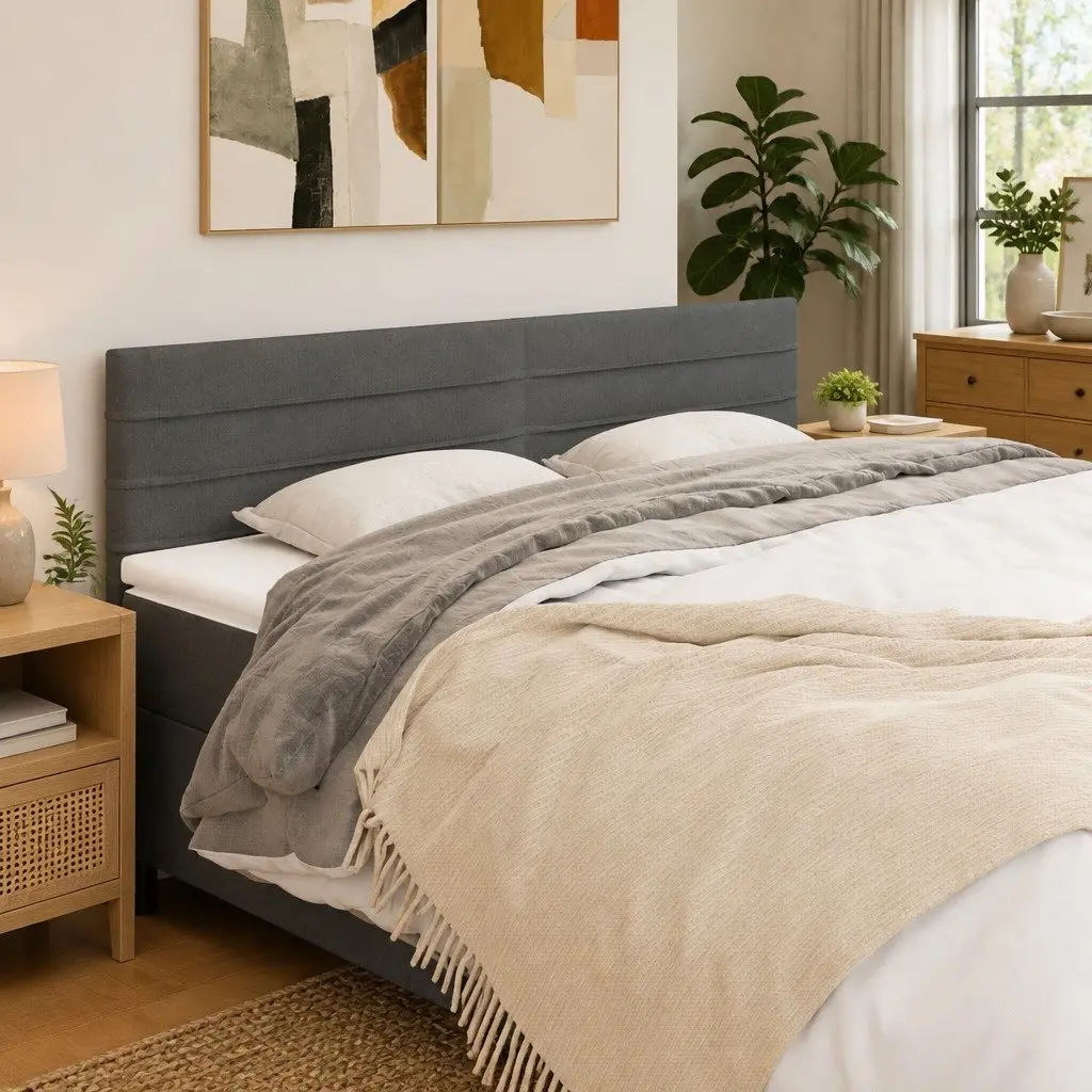 Fabric Headboard Adjustable Height Grey Breathable Fabric Wooden Legs Bedroom Furniture