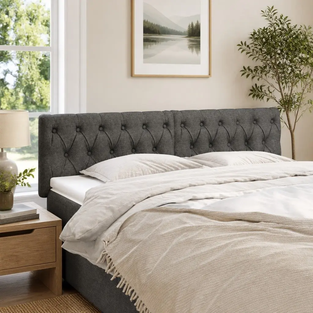 Headboard Adjustable Height Dark Grey Fabric with Wooden Legs